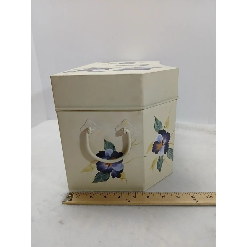 ​VINTAGE Hand Painted‎ Metal SEWING BOX CADDY Pansy Floral Trunk